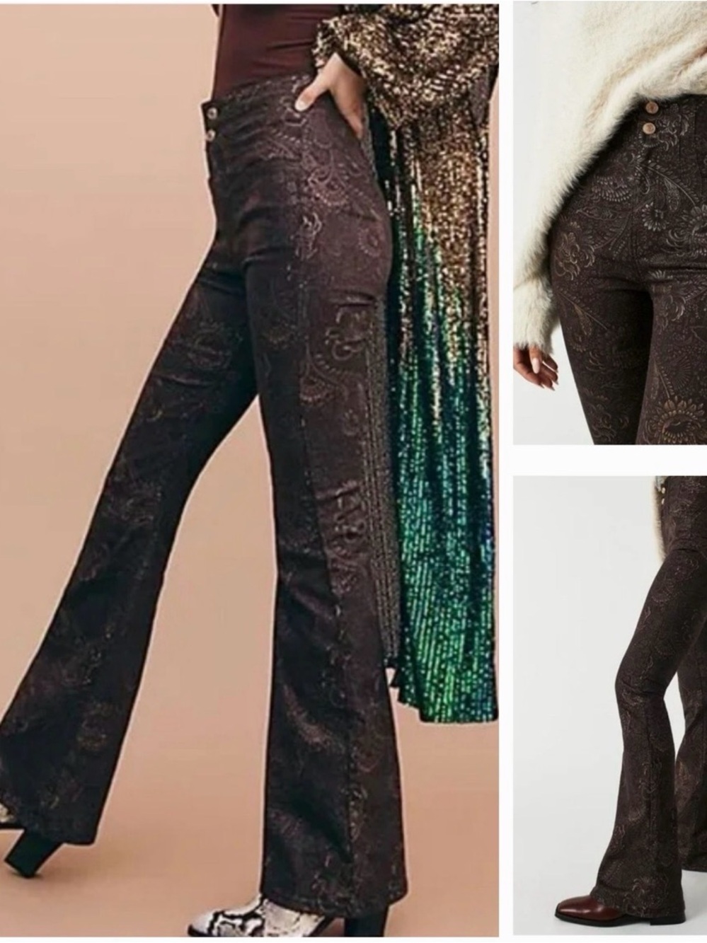 Free People Dark Brown Paisley Bootcut Pants Boho, WesternStyle, Gypsy, longcore